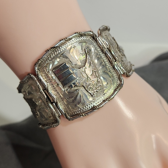 Vintage Sterling Silver "Rainbow S.W.-New Mexico" Buckle & Leather Cuff Bracelet - Picture 1 of 12